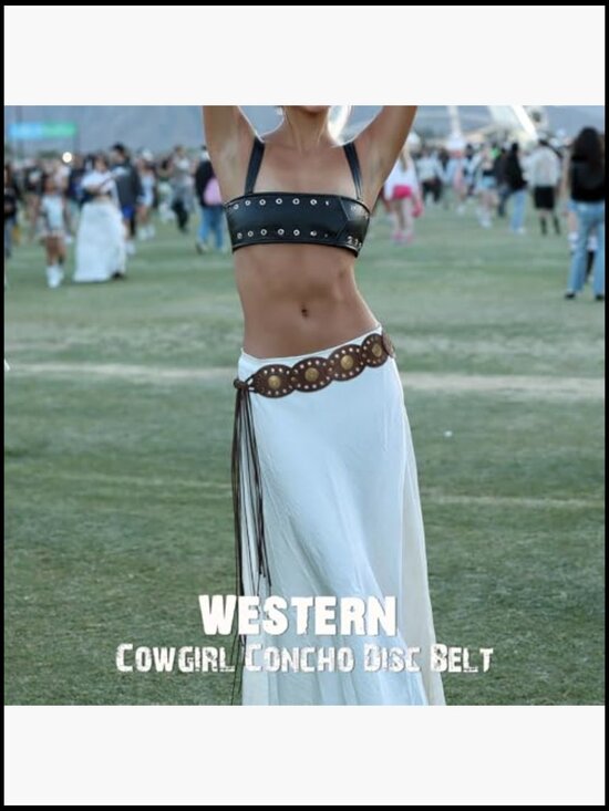 Concho Disc Belt Wide Faux Leather Vintage Western Boho  display picture 2